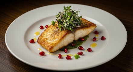 Seared fish with pomegranate and microgreens - balanced nutrition - food photography portfolio