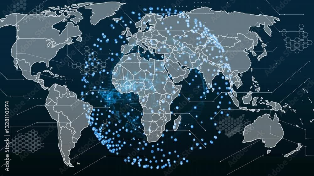 Poster animation of world map with glowing blue dots and lines showing global connections
