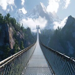 Fototapeta premium Majestic Suspension Bridge Across Mountain Valley Foggy Peaks Background