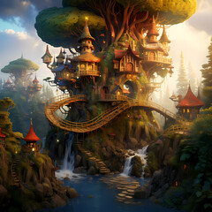 Treehouse village in a fantasy forest.