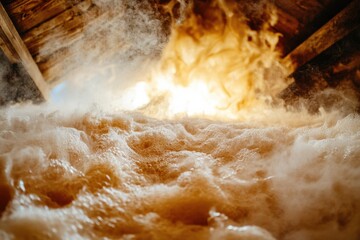 Steam Rising from Hot Liquids Under Wooden Structure in Workshop