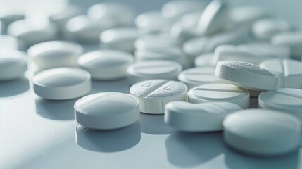 A close-up view of scattered white tablets, illustrating the theme of health and wellness.