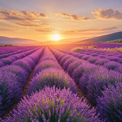 Obraz premium Stunning Lavender Fields at Sunset Vibrant Purple Blossoms and Golden Hour Light