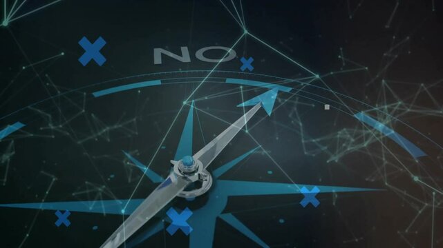 Animation of compass with blue arrows and network connections on digital background