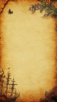An old parchment depicting a pirate ship near a tropical island