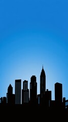 Naklejka premium A silhouetted urban city skyline against a vibrant blue sky
