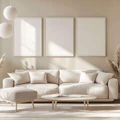 Minimalist living room with beige sofa, ottoman, and three frames.