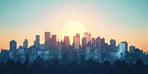 Fototapeta premium A stylized city skyline silhouetted during sunset over the horizon