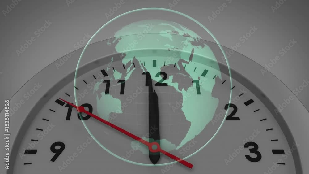 Poster animation of clock face with world map overlay showing global connection concept