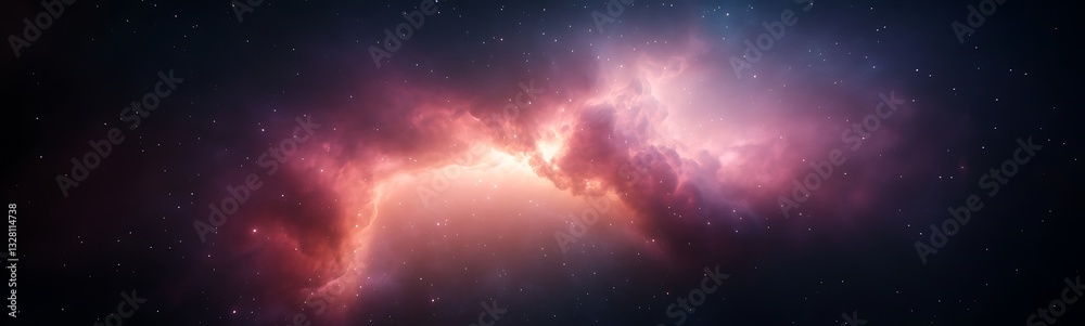Poster vibrant cosmic nebula with swirling colors and stars in a deep space backdrop.