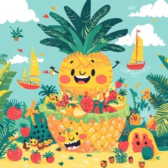 Naklejka premium A Happy Pineapple Surrounded By Fruits And Sailing Boats