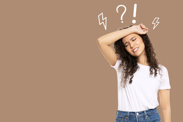 Stress month, tired woman on a brown background, space for text