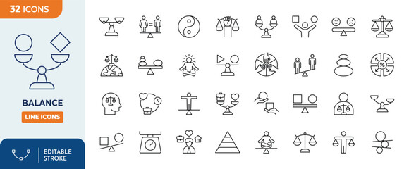 Balance icon set. Outline Icon Collection. Vector illustration. Editable stroke	