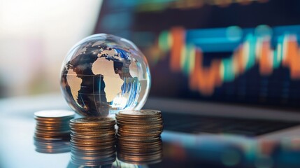 Glass Globe on Stacks of Coins with Stock Market Chart on Laptop Screen