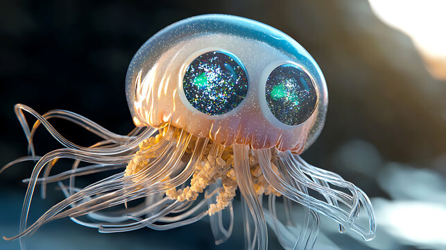 A jellyfish with two eyes and a blue and green glow. AI Generated