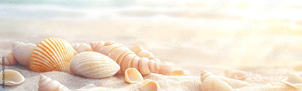 Poster seashells scattered on a sandy beach with soft sunlight illuminating the scene.