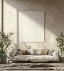 Minimalist living room with beige sofa, plants, and blank canvas.