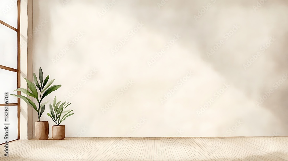 Poster Empty room with plants and natural light creating a serene atmosphere.