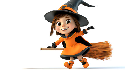 A cartoonish girl in a witch costume is holding a broom and smiling. AI Generated