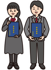 小学生の卒業式　頭身低めの男の子と女の子セット