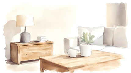 Cozy living room scene with a wooden table, lamp, and potted plant in soft watercolor style.