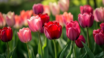 Vibrant Red Pink Purple Tulips Blooming in Spring Garden