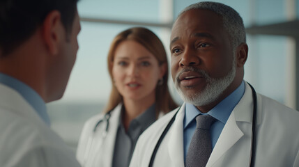 Fototapeta premium Three doctors are standing in a room, one of them is wearing a tie. They are talking to each other