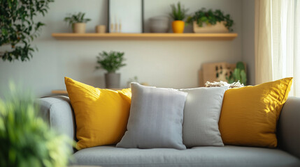 Cozy living room with gray sofa, honey yellow pillows, wooden shelf, and potted plants, radiating warmth and comfort.