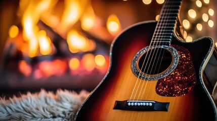 Naklejka premium A cozy indoor scene with an acoustic guitar leaning against a fireplace.