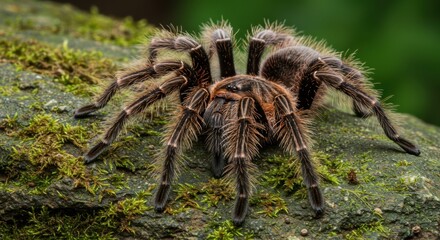 Magnificent Costa Rican Zebra Tarantula on Mossy Rock Close-Up Photography