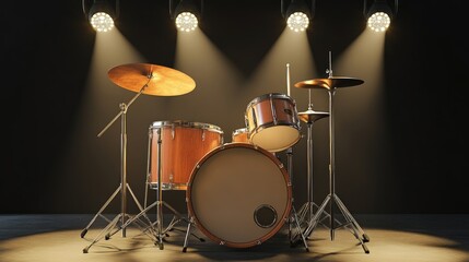 Obraz premium A dynamic shot of a drum set under stage lights with dramatic shadows and reflections.