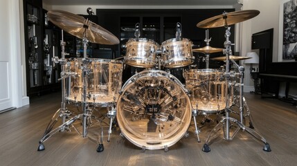 Fototapeta na wymiar A fully assembled drum set with a transparent bass drum head, showing internal mechanics.