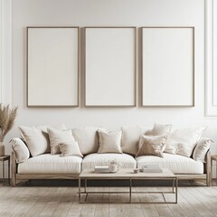 Minimalist living room with beige sofa, three empty frames, and wooden coffee table.