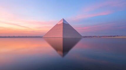 Ethereal Desert Dreamland, Mystical Glass Pyramid Rising from the Desert Sands at Sunset