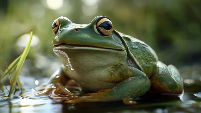 The frog jumped gracefully from lily pad to lily pad, enjoying the warm summer sun.