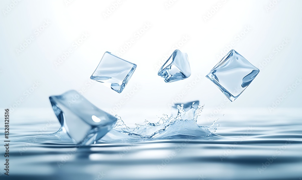 Aufkleber Ice cubes splashing into water, creating ripples and droplets in a serene, cool environment.