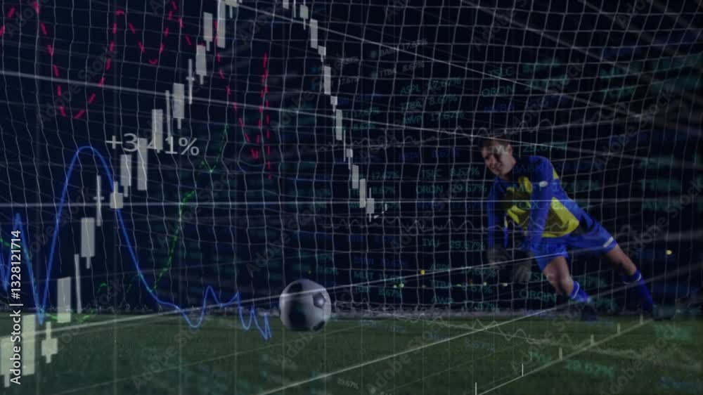 Poster animation of soccer player on field with financial graphs overlaying action