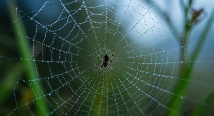 Obraz premium A Spider's Intricate Web Adorned with Morning Dew: A Stunning Close-Up in Nature's Embrace