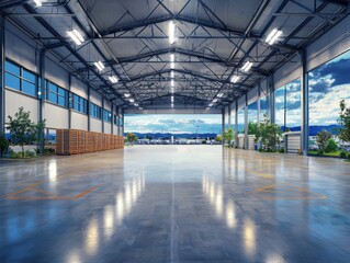 Obraz premium Heavy-duty warehouse fixtures illuminate expansive storage area brightly lit industrial environment wide-angle view