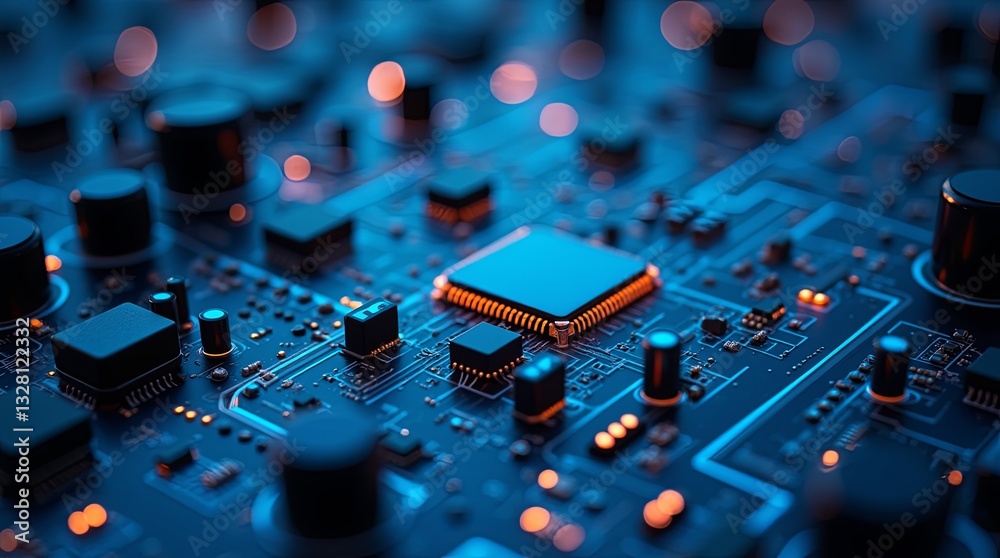 Poster A close up of a computer chip with a blue background