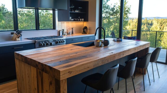 Rustic reclaimed lumber kitchen surfaces showcase morning light modern home interior design indoor midlevel angle cozy atmosphere