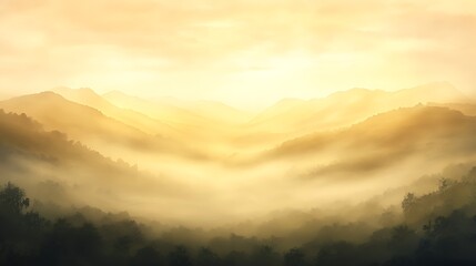 Fototapeta premium Golden misty landscape at sunrise, featuring soft hills and gentle light.