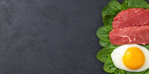 Fitness Journey Mindset Concepts. Fresh ingredients: spinach, beef, and egg on a dark surface.
