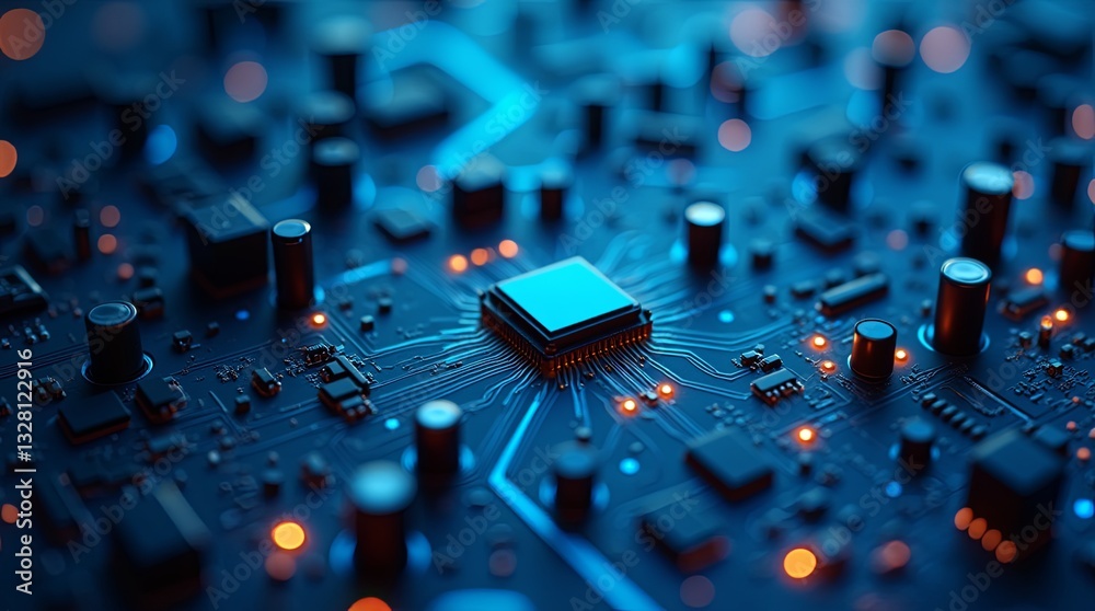 Poster A computer chip is shown in a blue and orange color scheme