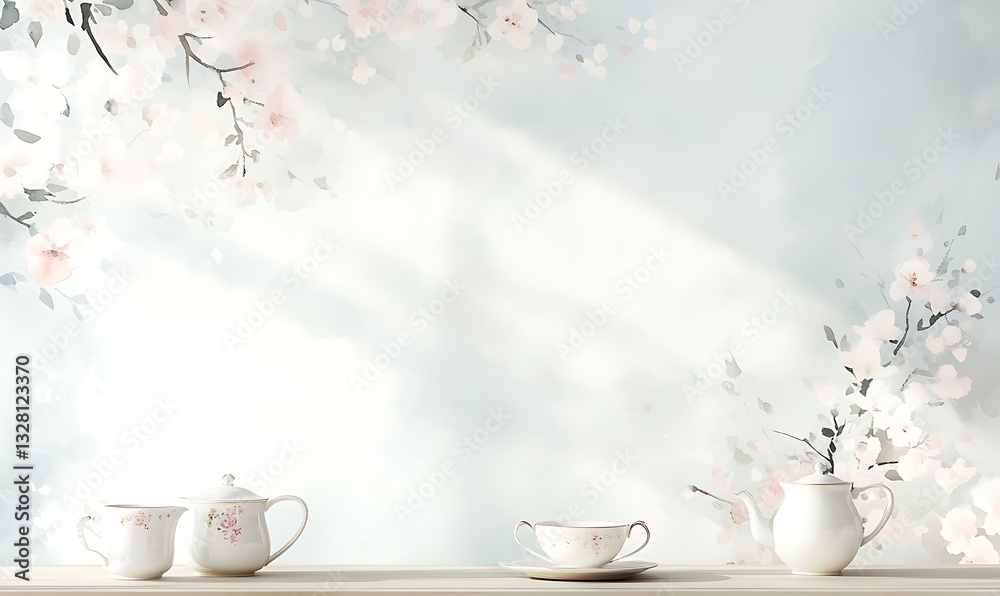 Poster Delicate floral mural with white teapots and soft light creating a serene atmosphere.