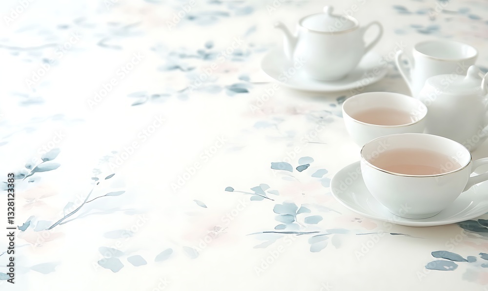 Poster Elegant tea set on a floral tablecloth, creating a serene and inviting atmosphere.