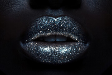 Close-up of a woman's lips with shimmering silver glitter, showcasing a bold and glamorous style.
