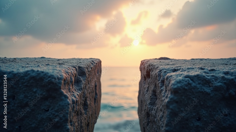 Poster a rock with a hole in it, with the ocean in the background