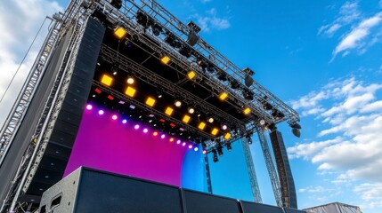 Fototapeta premium Vibrant Outdoor Concert Stage Setup Under Clear Blue Sky