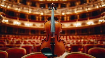 Fototapeta premium A violin against a grand concert hall backdrop, emphasizing performance and elegance.